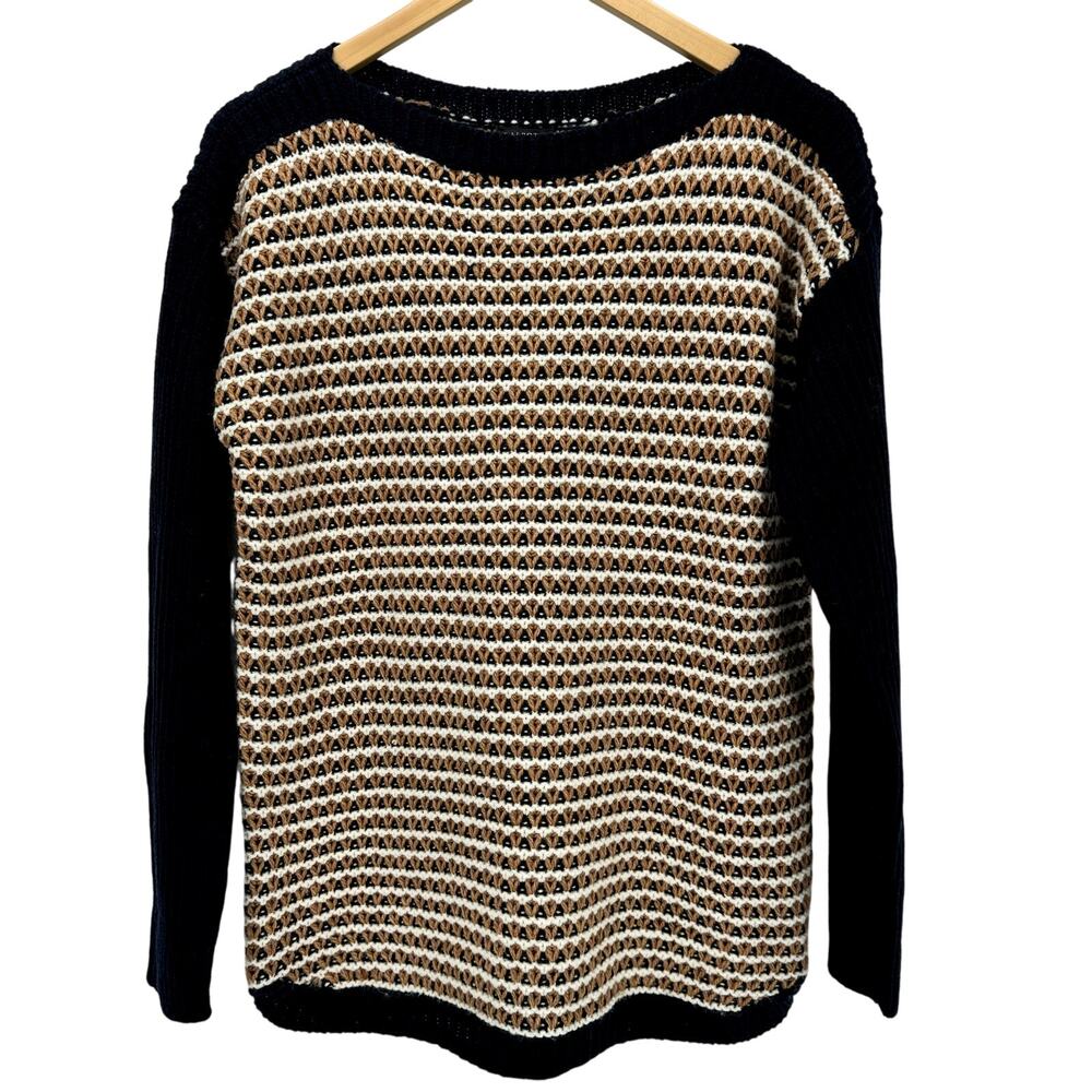 Talbots Sweater Womens Medium Navy Blue Brown Wool Blend Long Sleeve Pullover